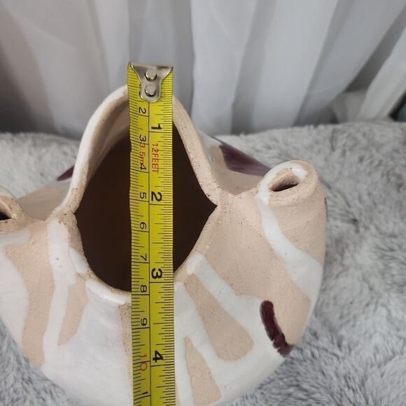 Vtg handmade pottery signed Claire '92 peach color with white & red drip glaze - Picture 7 of 9